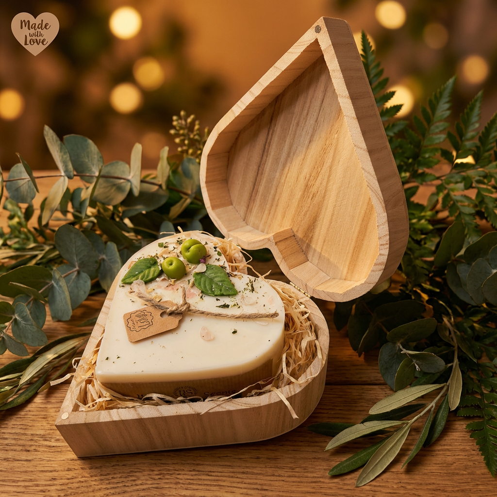Beauty Scents Heart Apple Candle in a wooden box with greenery around on a wooden table