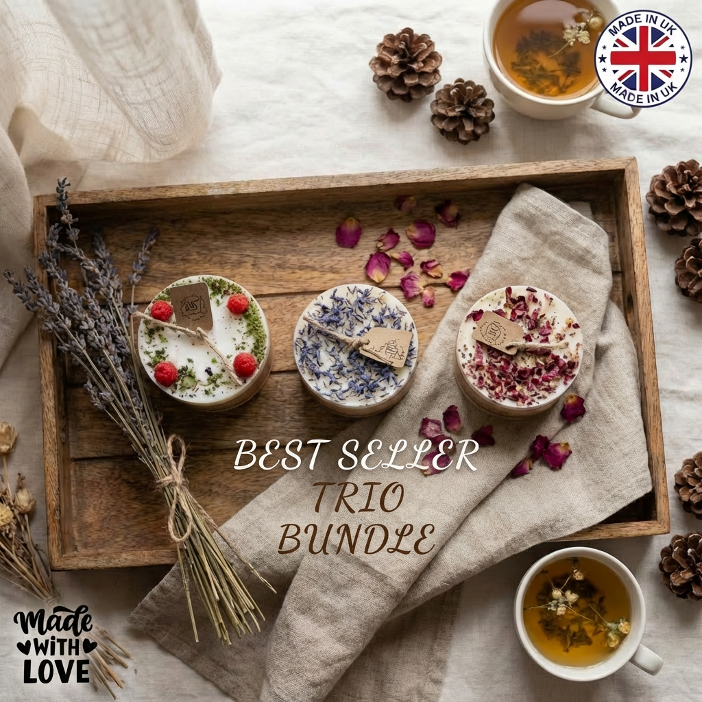 Three handmade Beauty Scents soy candles—raspberry, wildflower, and rose petals—displayed on a rustic wooden tray with dried lavender, rose petals, pinecones, and herbal tea, featuring the “Made in UK” badge and “Made with Love” Beauty Scents branding.