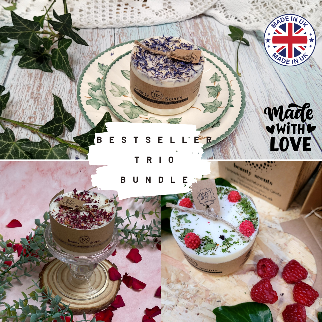 Bestseller Trio Bundle - Three handmade small soy candles with Champagne & Roses, Raspberry and Lavender scents featuring natural botanicals by Beauty Scents