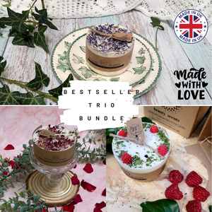 Bestseller Trio Bundle - Three handmade small soy candles with Champagne & Roses, Raspberry and Lavender scents featuring natural botanicals by Beauty Scents