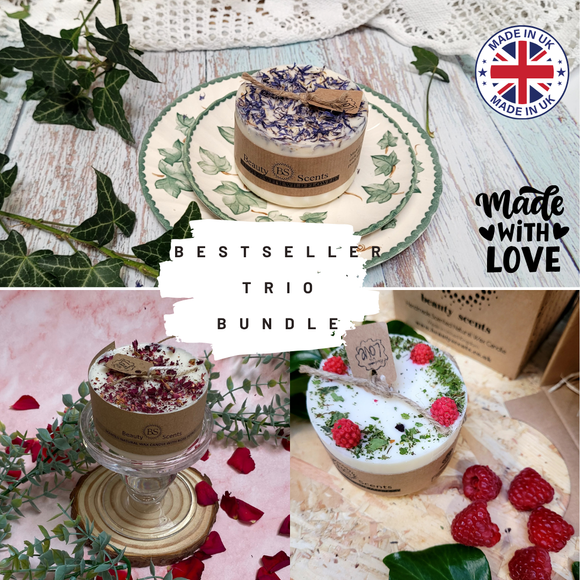 Bestseller Trio Bundle - Three handmade small soy candles with Champagne & Roses, Raspberry and Lavender scents featuring natural botanicals by Beauty Scents