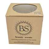 Kraft paper candle box with 'Beauty Scents' branding on a white background