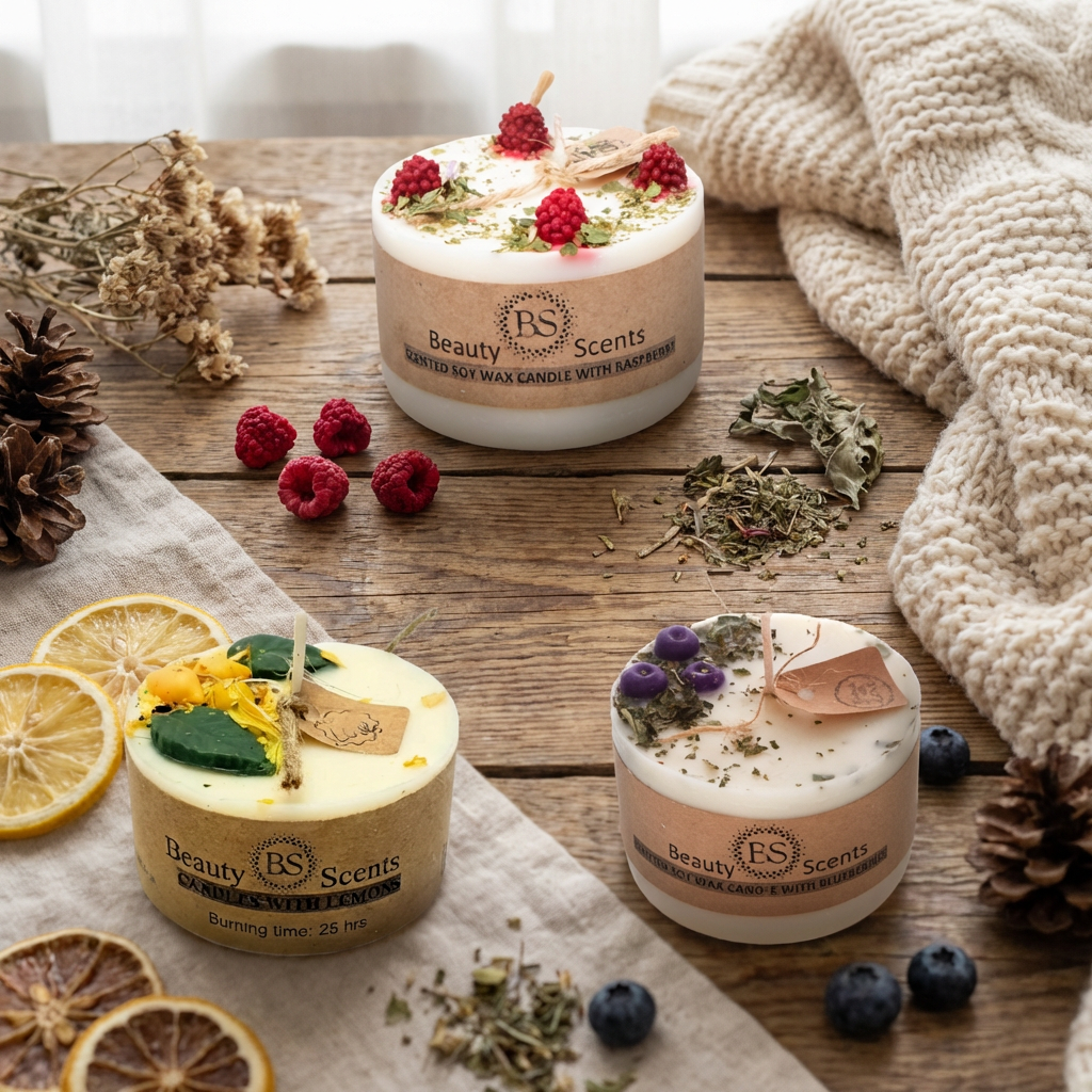 Three Beauty Scents small pillar candles—lemon & lemongrass, raspberry, and blueberry—arranged on a rustic wooden table with dried fruit slices, fresh berries, pinecones, and a knit blanket, square image.