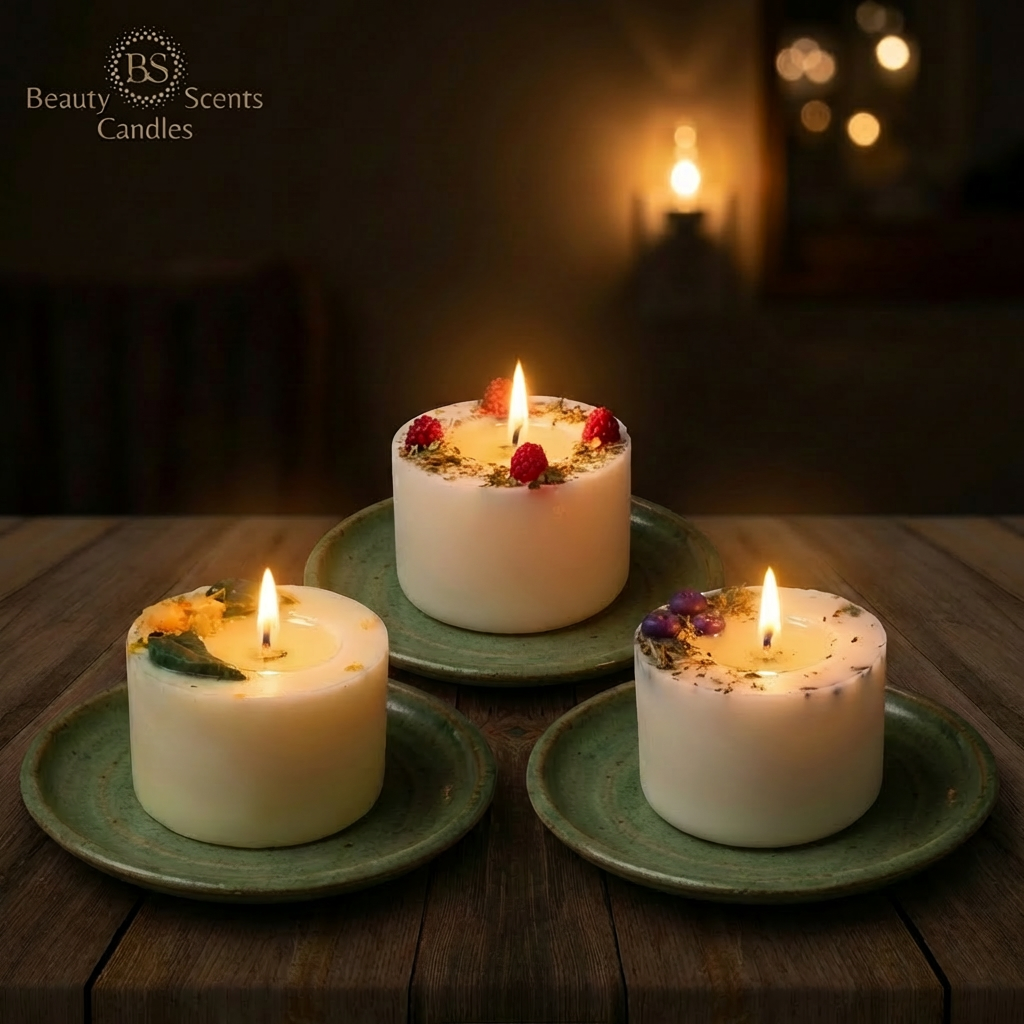 Three lit Beauty Scents small pillar candles—lemon & lemongrass, raspberry, and blueberry—displayed on green plates on a rustic wooden table with a warm evening glow, Beauty Scents Candles logo in the corner, square image.