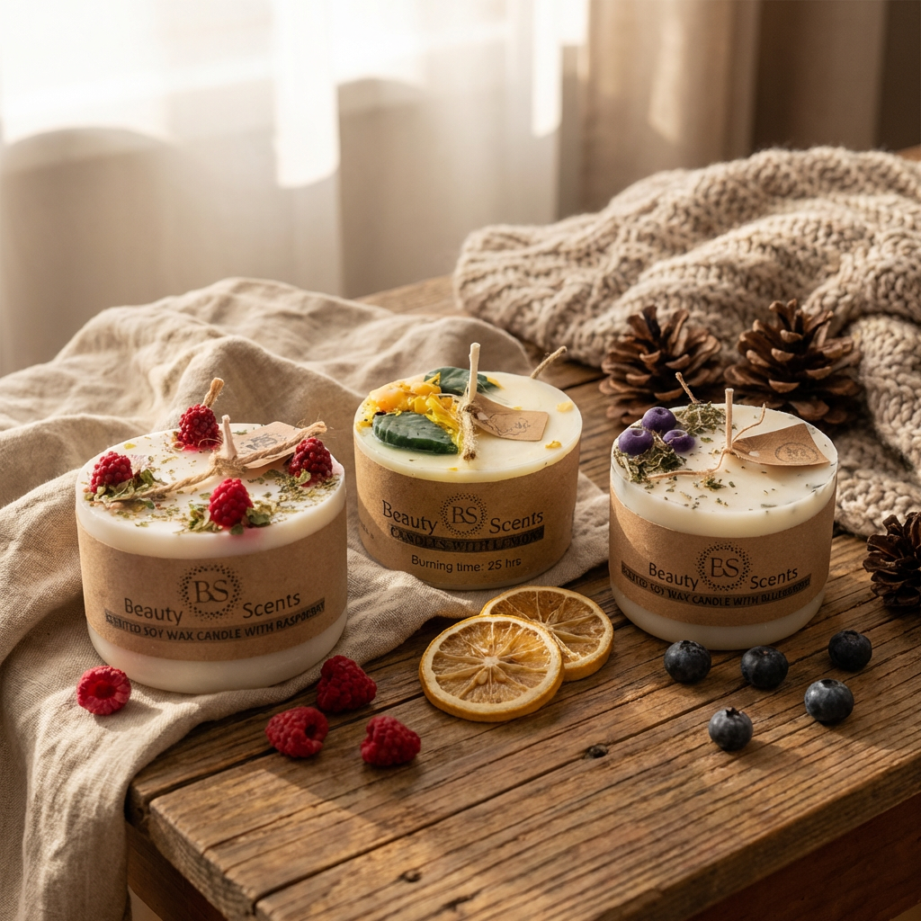 Trio of Beauty Scents small pillar candles—lemon & lemongrass, raspberry, and blueberry—displayed on a rustic wooden table with dried fruit, fresh berries, pinecones, and a knit blanket, square image.