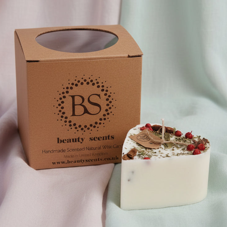 Heart shape candle with decorative elements next to a brown cardboard box labeled 'beauty scents'.