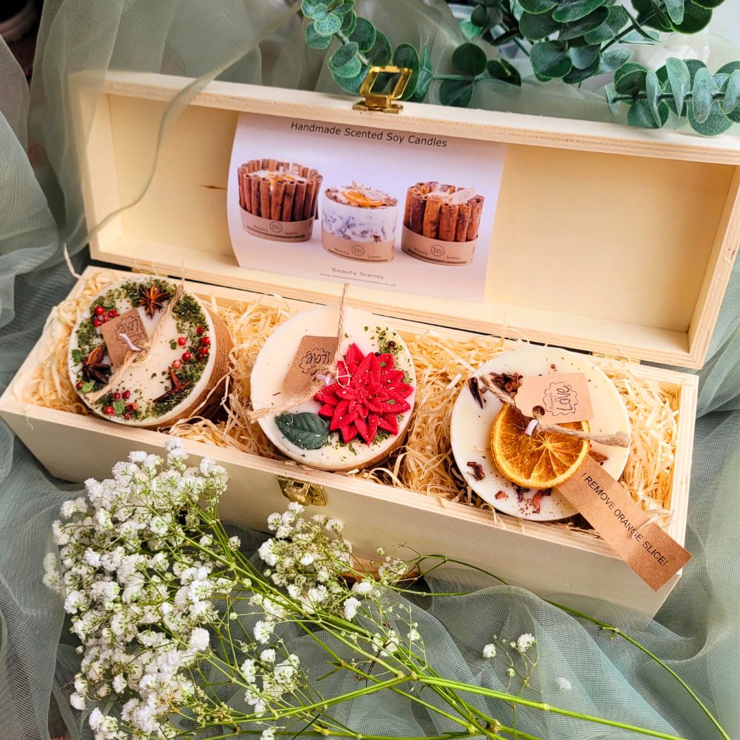 Gift Set 3 Winter Small Candles in wooden wine box open view showing three decorated candles nestled in natural wood shavings