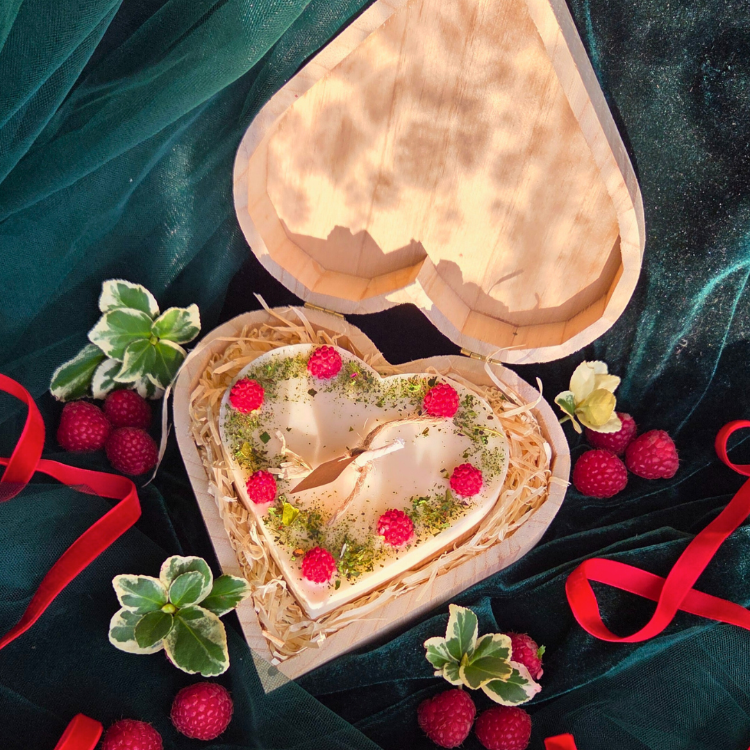 Wooden heart box with handmade candle and raspberry decoration