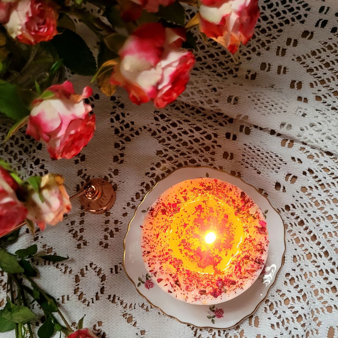 Soy candle rose petals burning candlelight romantic atmosphere vintage china fresh roses