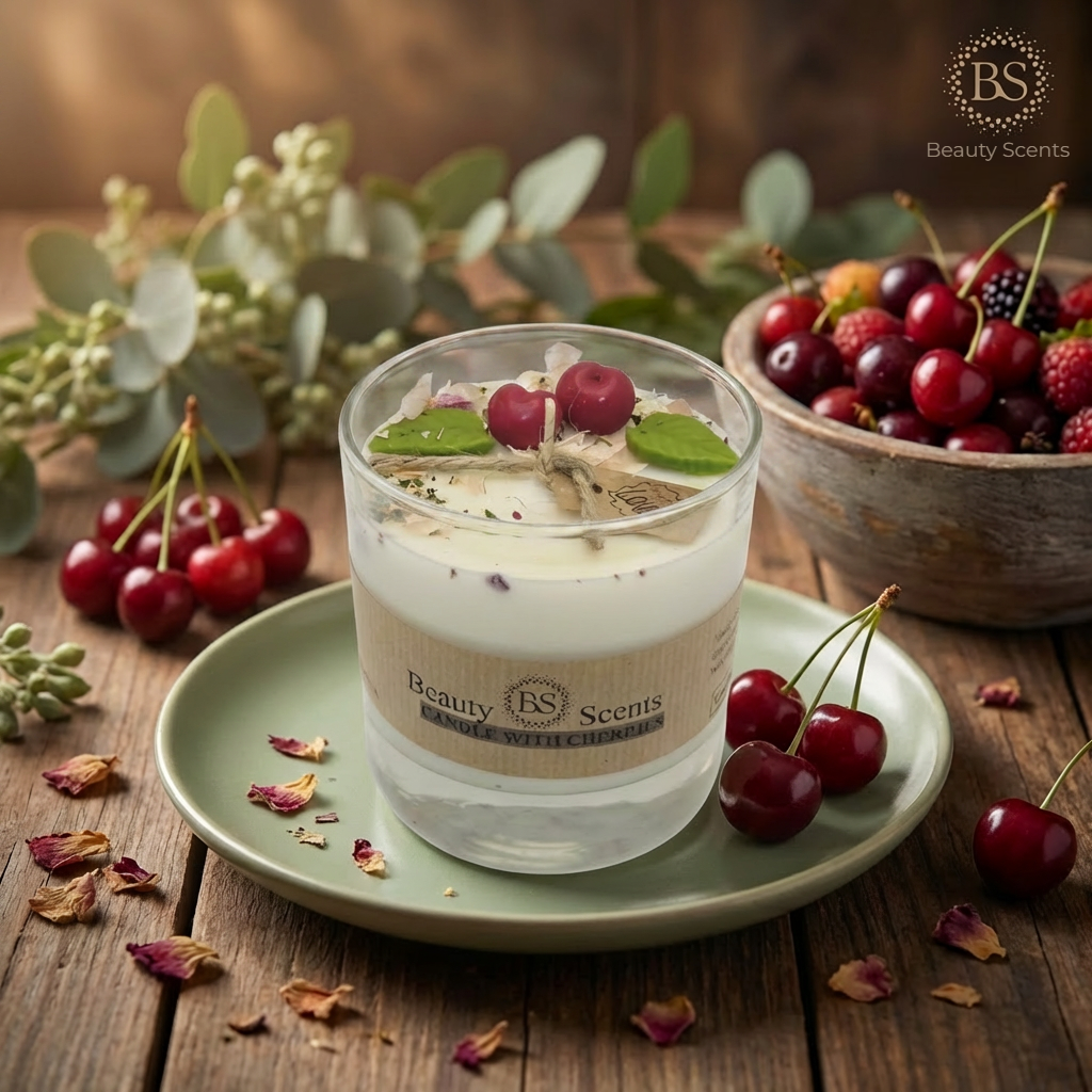Large soy candle in a glass jar with wax cherries and green leaf decoration on a green plate on a rustic wooden table, styled next to a bowl of fresh cherries
