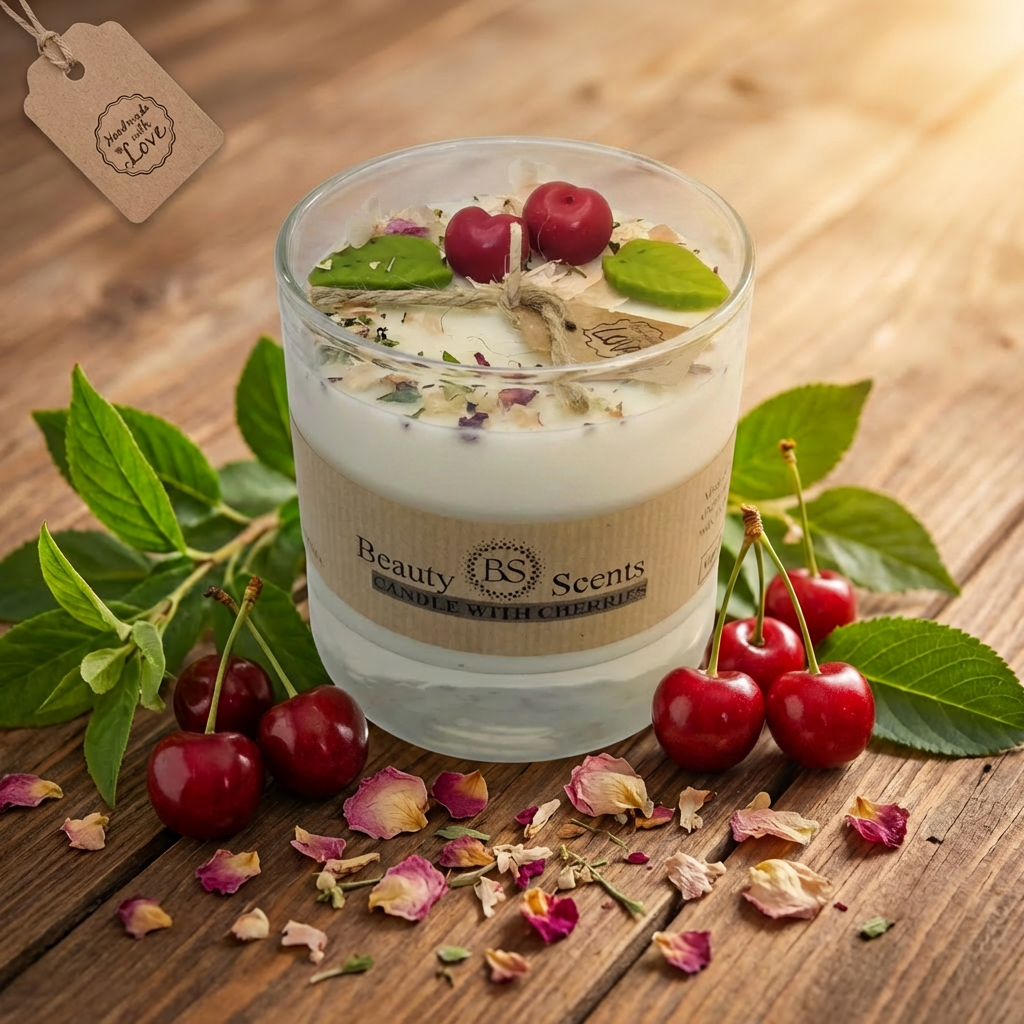 Large soy candle in a glass jar with wax cherries and green leaf decoration on a wooden surface, styled with fresh cherries, green leaves and scattered dried petals