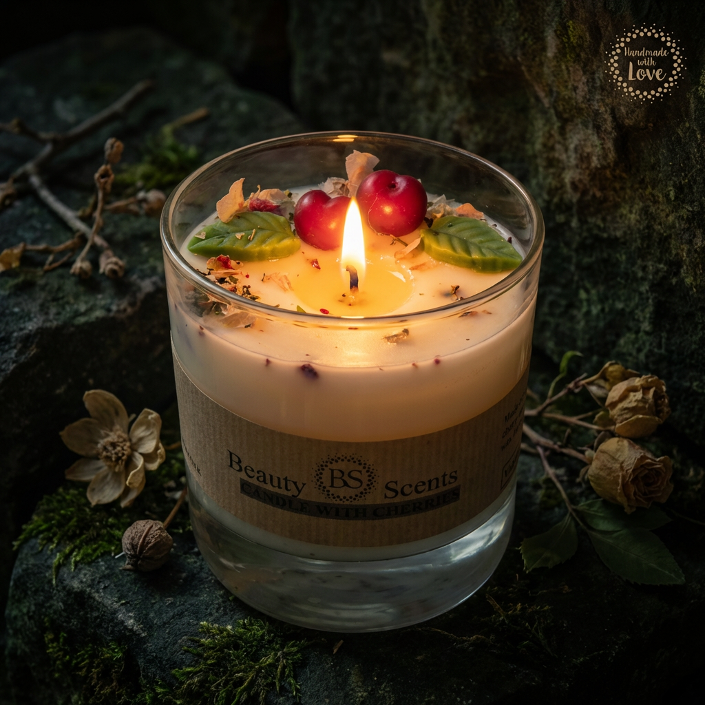 Lit large soy candle in a glass jar with a melted wax pool, decorated with wax cherries and green leaf details, styled on a dark green stone surface with dried botanicals.