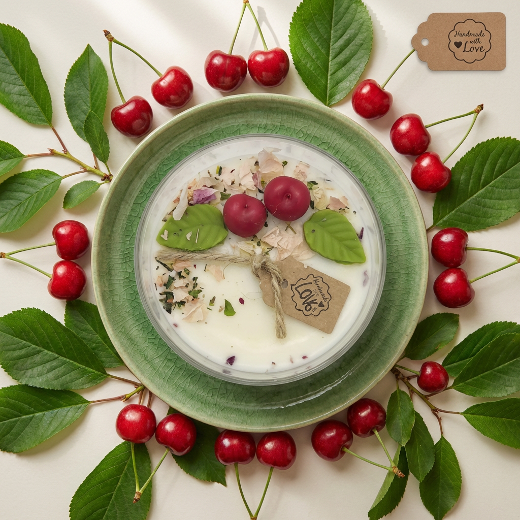Top view of a large soy candle in a glass jar with wax cherries and green leaf decoration, styled on a green plate with fresh cherries and leaves on a white background.