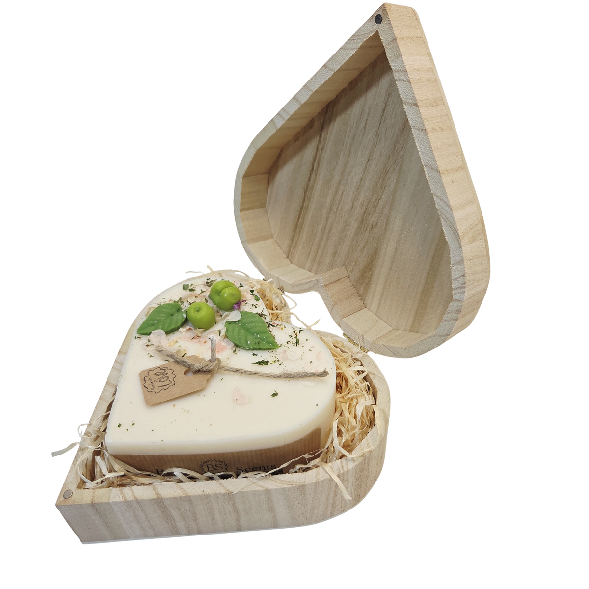 Beauty Scents Heart-shaped Apple Candle in a wooden box on a white background