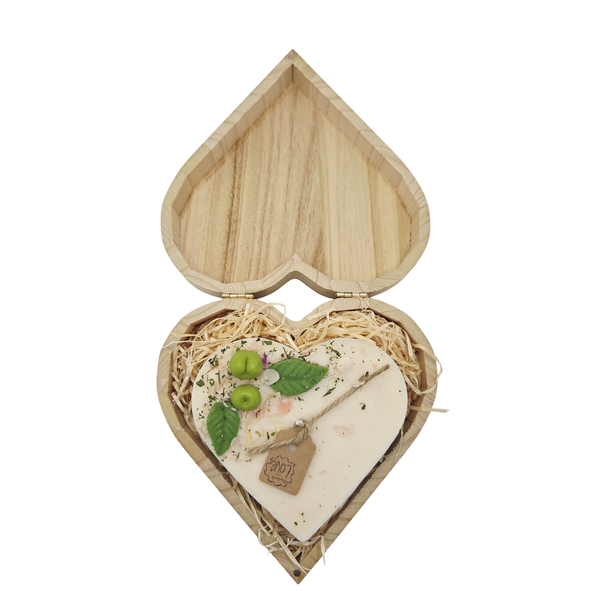 Beauty Scents Heart-shaped wooden box with Heart Apple Candle decorated  with green leaf and apple wax melts on a white background
