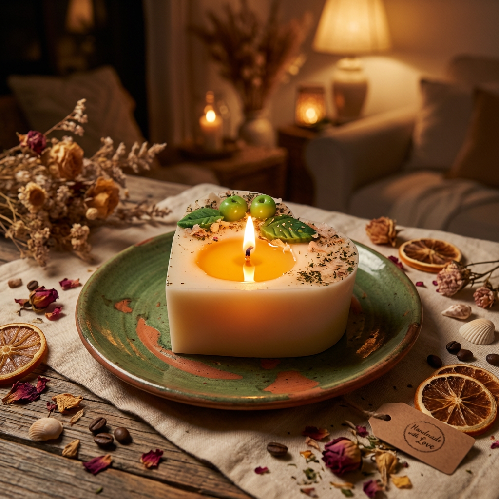 Beauty Scents Heart-shaped candle lit on a decorative plate with dried flowers and oranges in a cozy room. 