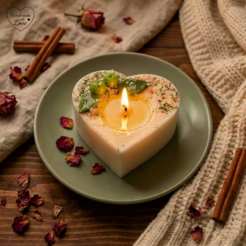Heart-shaped candle with a lit wick on a green plate, surrounded by cinnamon sticks and dried roses on a wooden surface.
