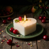 Beauty Scents Heart-shaped candle with wax cherries and green  leaf lit on a green plate and wooden surface. Night light. Front view.