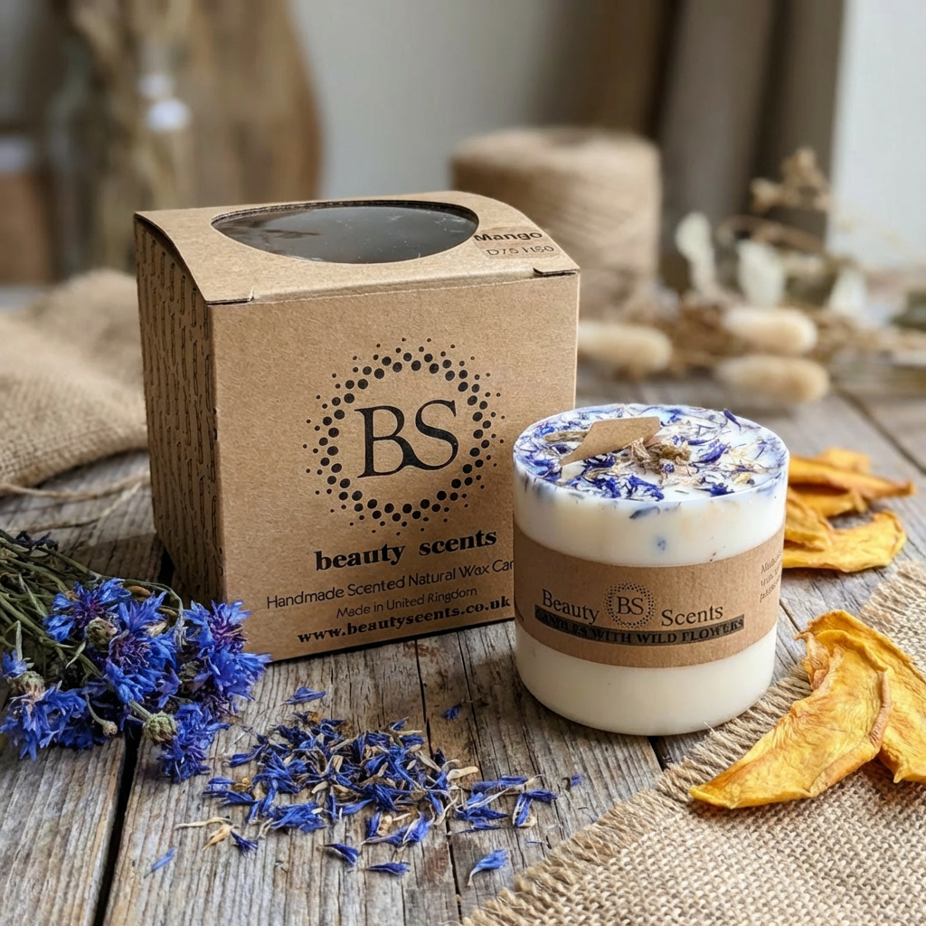 Beauty Scents large candle with blue and yellow petals, displayed with a kraft box and dried botanicals in a cozy setting.
