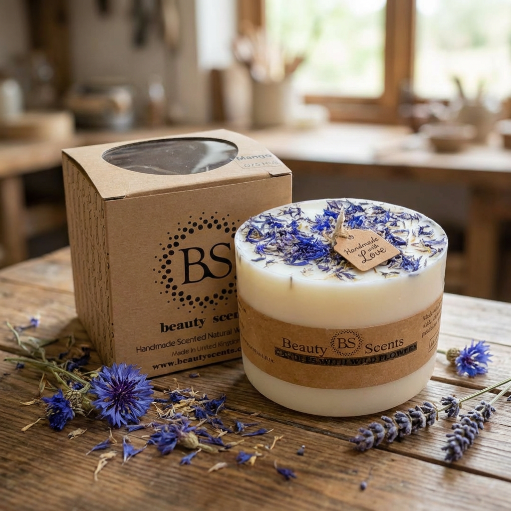 Large handmade candle with blue wildflowers on top, next to a Beauty Scents kraft box on a rustic wooden table, with a tag reading "Handmade with Love."