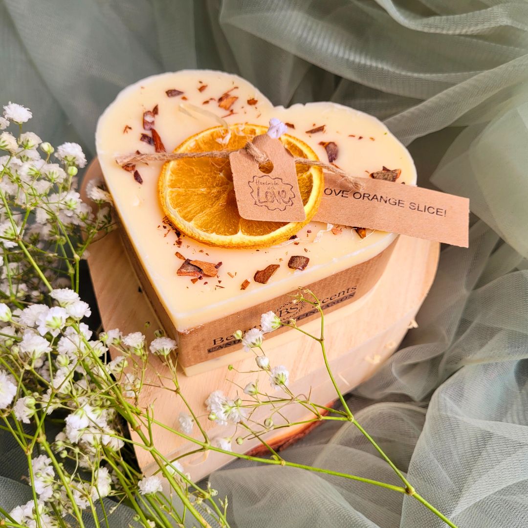 Heart Gift Box complete presentation with large heart orange cinnamon candle in wooden heart-shaped box ready for romantic gifting