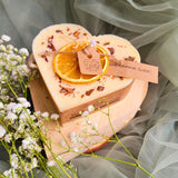 Heart Gift Box complete presentation with large heart orange cinnamon candle in wooden heart-shaped box ready for romantic gifting