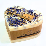 Large Heart Wild Flowers handmade soy candle 500g with blue cornflowers decoration, natural twine wick and Beauty Scents label - heart-shaped clean white background product photography