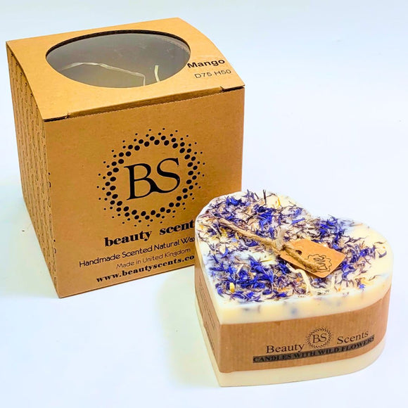 Large Heart Wild Flowers soy candle 500g with blue cornflowers decoration and Beauty Scents branded packaging box - heart-shaped handmade candle product and packaging photography