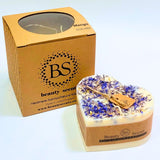 Large Heart Wild Flowers soy candle 500g with blue cornflowers decoration and Beauty Scents branded packaging box - heart-shaped handmade candle product and packaging photography