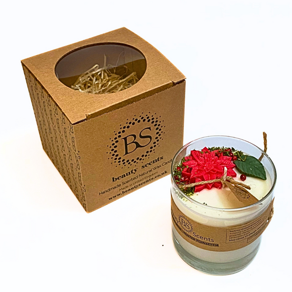 Large glass Winter Poinsettia candle with Hollyberry scent featuring red poinsettia flowers and green leaves