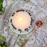 Close-up detail of medium low coffee bean candle showing coffee beans in wax