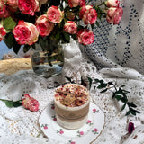 Beauty Scents medium rose petals candle 8.5cm height with romantic vintage styling on floral china plate