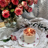 Medium rose petals scented candle 8.5cm height burning on antique rose-patterned china with romantic styling - Beauty Scents handmade soy candle