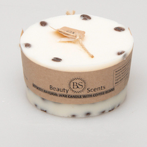 Medium low coffee bean candle with natural coffee beans decoration on grey background