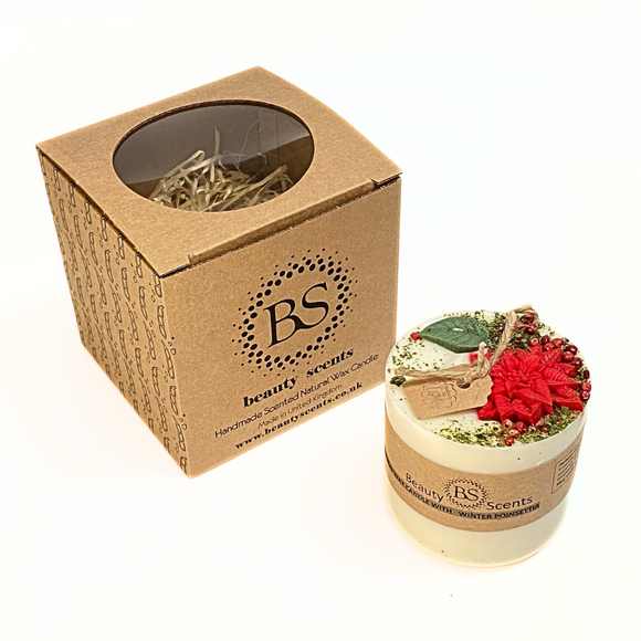 Medium Winter Poinsettia pillar candle with Hollyberry scent and red poinsettia flower decoration
