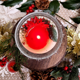 Medium Winter Poinsettia candle top view showing white soy wax surface with festive decoration