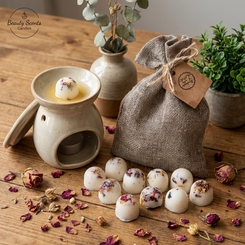 Grey linen bag filled with handmade soy wax melts decorated with rose petals, displayed on a rustic wooden table with an oil burner, dried flowers, and green plants.
