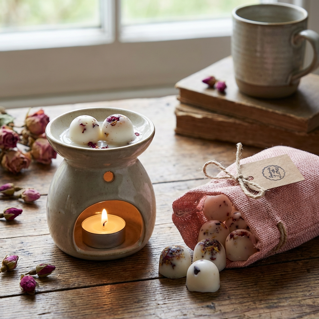 Pink linen bag of handmade soy wax melts with rose petals, displayed next to an oil burner with two melts melting in the tray, on a rustic wooden table.