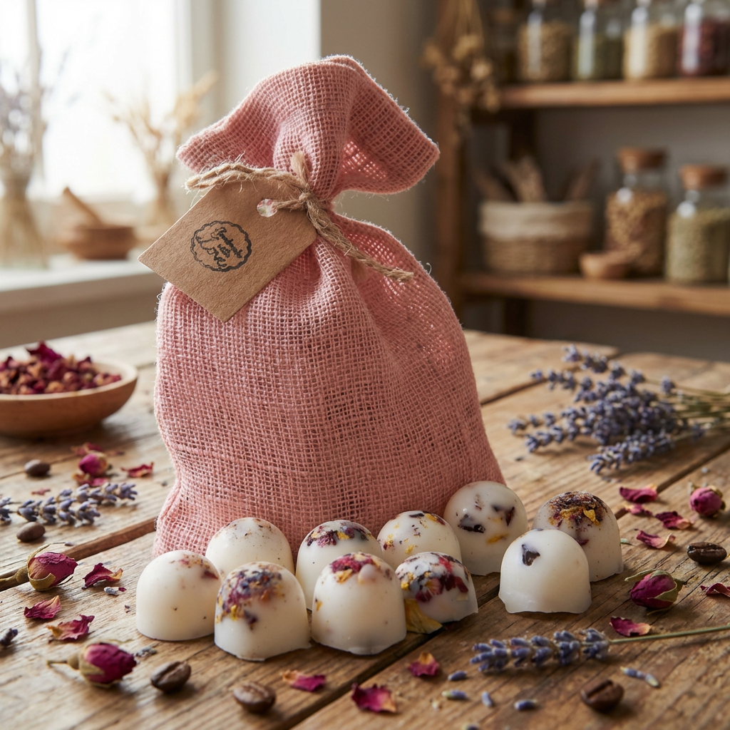 Pink linen bag filled with Beauty Scents handmade soy wax melts decorated with rose petals, displayed on a rustic wooden table with dried flowers and coffee beans.