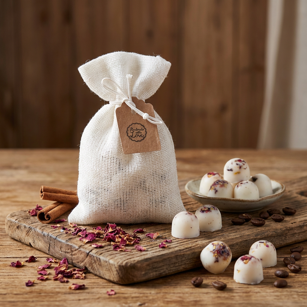 White linen bag filled with Beauty Scents handmade soy wax melts decorated with rose petals, displayed on a rustic wooden board with coffee beans, cinnamon sticks, and dried rose petals.