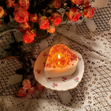 Beauty Scents small heart rose petals candle burning with warm flame on vintage floral china plate - handmade soy candle