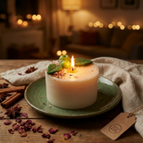 Beauty Scents Small Apple Candle lit on a green plate with decorative elements on a wooden surface, blurred background with lights.