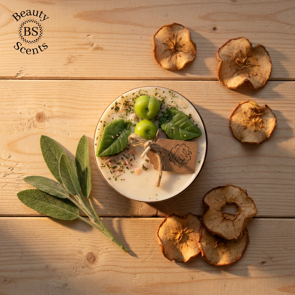 Beauty Scents small apple candle top view with dried apple slices and green apples on a wooden surface with 'Beauty Scents' branding.
