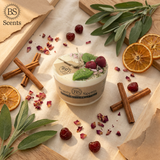 Top view of a small soy candle with cherry wax melt decoration and green leaf detail on white textile, styled with dried orange slices, eucalyptus leaves, cinnamon sticks, dried petals and coffee beans on a rustic wooden table