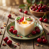 Lit heart-shaped soy candle with cherry wax melt decoration on a green ceramic plate, styled on a rustic wooden table surrounded by fresh cherries and scattered dried petals.