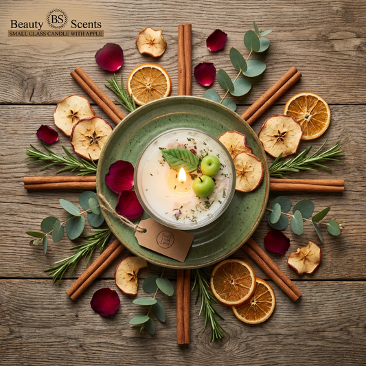 Candle with apple on a wooden surface, featuring Beauty Scents branding.