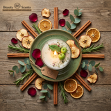 Candle with apple on a wooden surface, featuring Beauty Scents branding.