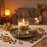 Candle in a glass with apples holder on a decorative plate with dried oranges, coffee beans, and flowers in a cozy setting.