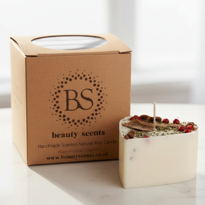Heart Candle with decorative star anise and red berries next to its packaging box labeled 'Beauty Scents'.