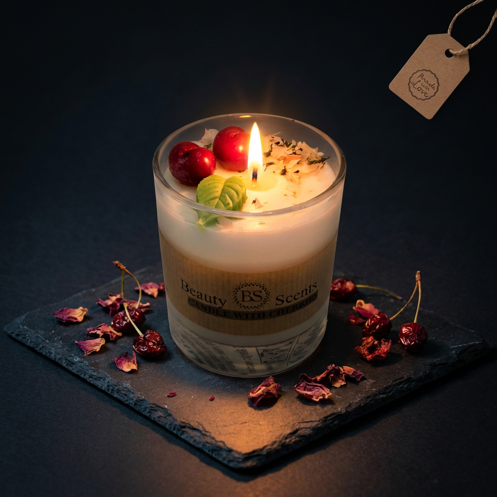Small Glass Candle With Cherries